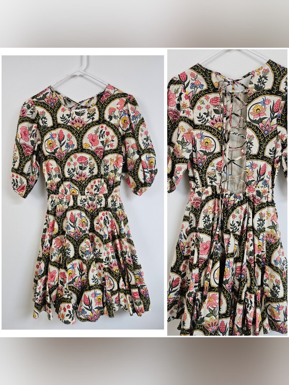 Christian Lacroix Floral Puff Sleeve Mini Dress Corset Lace Up Back